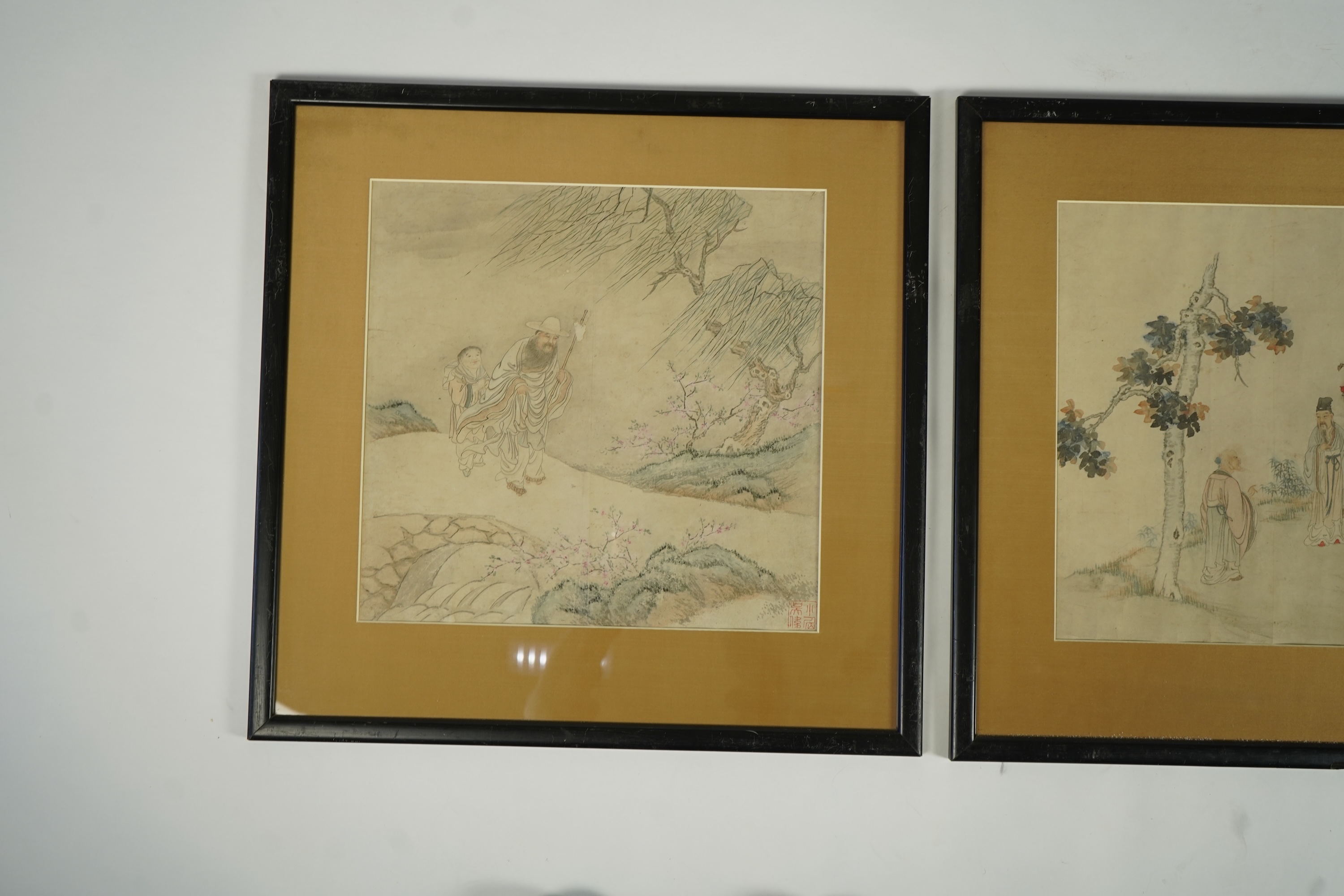 Chinese School , (19th century), Sage and boy, Farmer and ox, and two sages and attendant, Ink and colour on rice paper; three works, 38.5cm x 39.5cm, framed and glazed